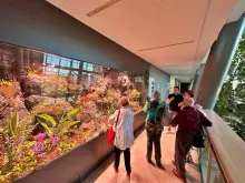 Grupa zwiedzających na tle paludarium