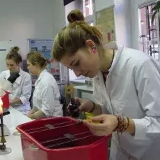 14.12.2011 - dr Beata Furmanek z Katedry Mikrobiologii prowadzi zajęcia pt. "Barwienie i obserwacja preparatów komórek bakteryjnych" dla uczniów II LO w Sopocie
