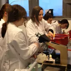 08.01.2013 - dr Iwona Mruk z Katedry Mikrobiologii prowadzi zajęcia pt. "Barwienie i obserwacja preparatów komórek bakteryjnych" dla uczniów II LO w Sopocie fot. Anna Helmin