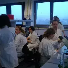 mgr Ewa Wons z Katedry Mikrobiologii prowadzi zajęcia pt. "Barwienie i obserwacja preparatów komórek bakteryjnych"