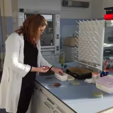 dr Beata Furmanek-Blaszk i dr Ewa Wons z Katedry Mikrobiologii prowadzą zajęcia pt. "Barwienie i obserwacja preparatów komórek b