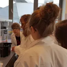 dr Beata Furmanek-Blaszk i dr Ewa Wons z Katedry Mikrobiologii prowadzą zajęcia pt. "Barwienie i obserwacja preparatów komórek b
